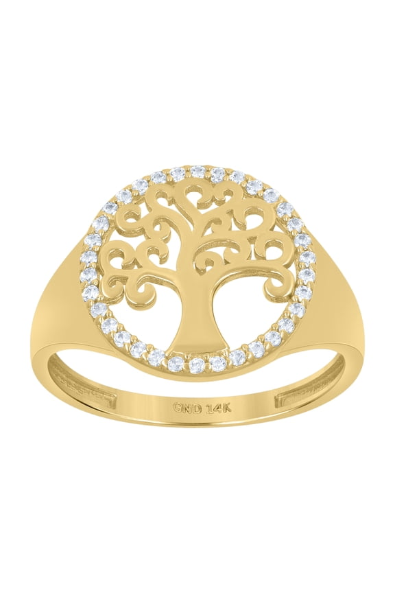 14k Yellow Gold Womens Cubic-Zirconia Tree Of Life Good Luck Ring