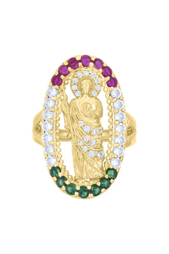 14k Yellow Gold Womens Pink/Green White Cubic-Zirconia Oval Guadalupe Religious Ring