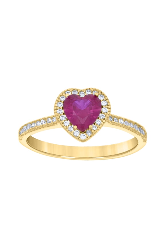 14k Yellow Gold Womens Pink White Heart Round Cubic-Zirconia Heart Ring