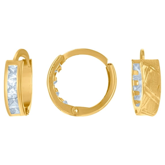 14k Yellow Gold Womens Princess-cut Cubic Zirconia Single Row Huggie Hoop Earrings 13.2x13.3mm Wide Hoop Earring for Wom