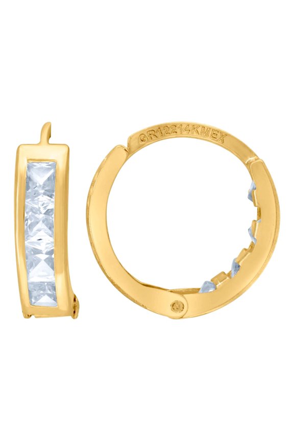 14k Yellow Gold Womens Princess-cut Cubic Zirconia Single Row Huggie Hoop Earrings 13.3x13.5mm Wide Hoop Earring for Wom