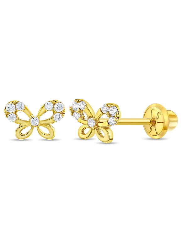 14K Yellow Gold CZ Butterfly Stud Earrings - Shiny Polished Finish, Gift Boxed
