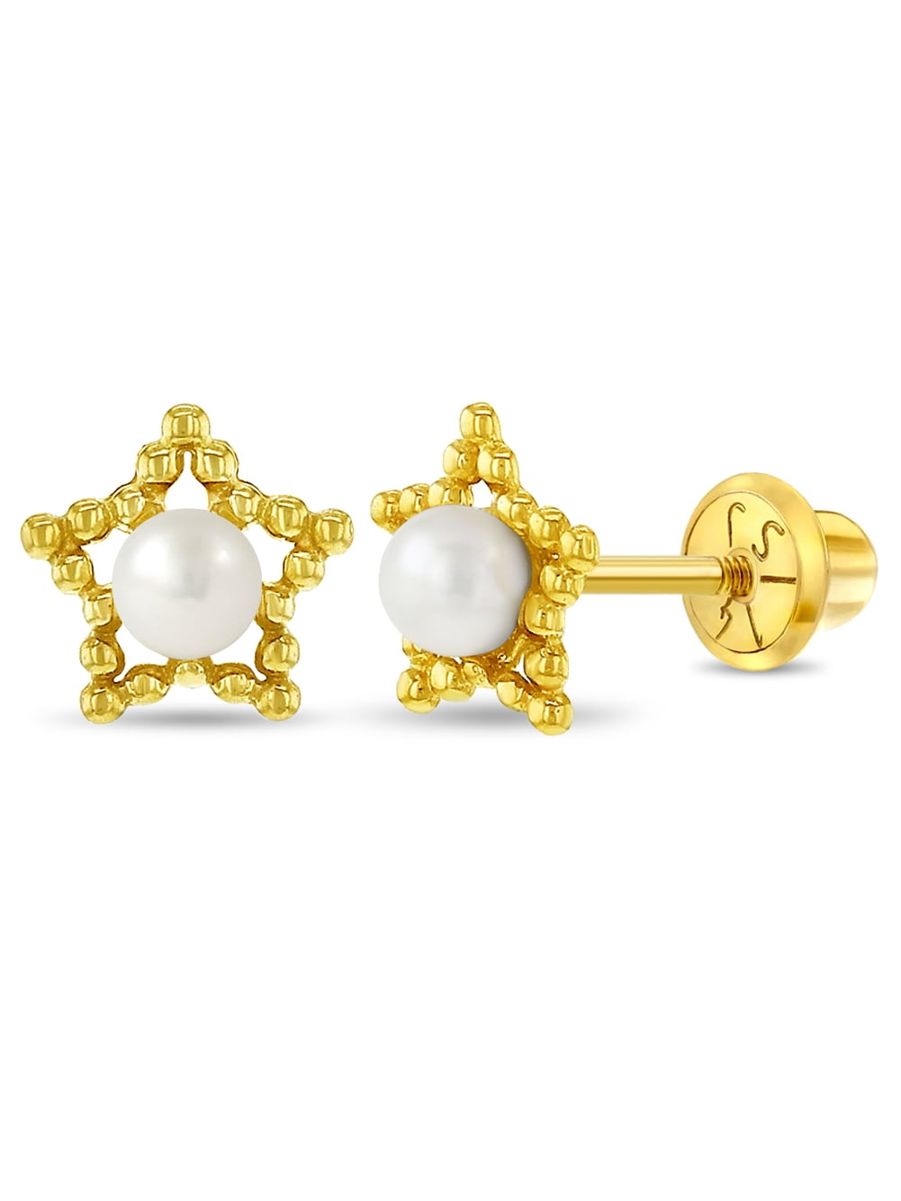 14K Yellow Gold Young Girl's Cultured Pearl Star Safety Screw Back Earring Studs