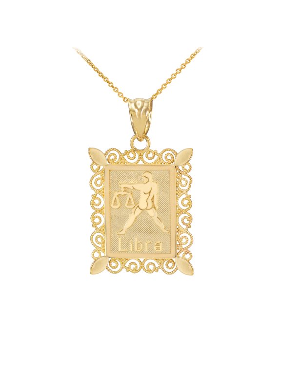 14k Yellow Gold Zodiac Sign Filigree Square Pendant Necklace Libra (20 Inches)
