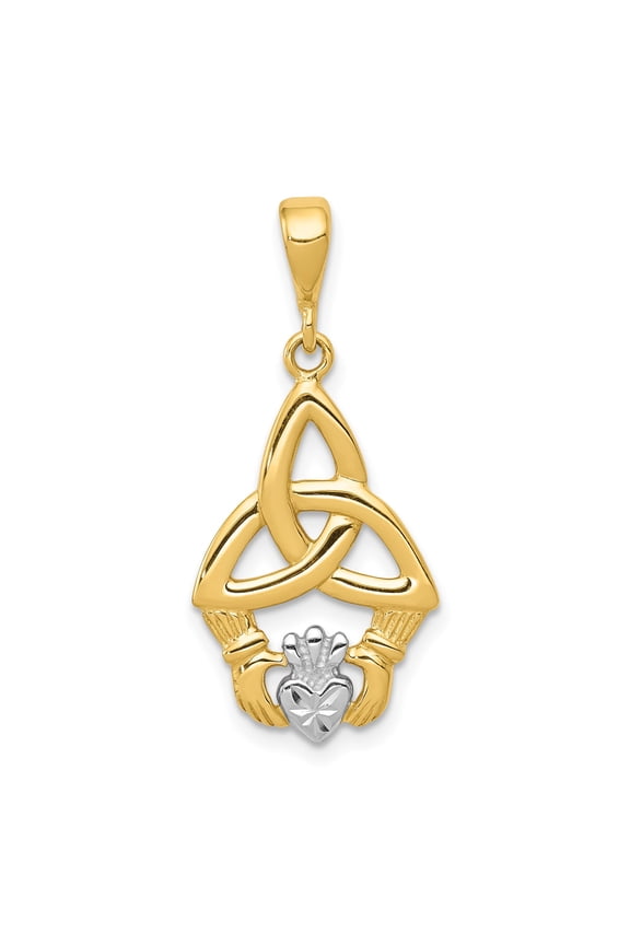 14k Yellow Gold and Rhodium Celtic Claddagh Trinity Knot Pendant Necklace for Women, Irish Symbol Jewelry with Spiritual Meaning and Heritage Style