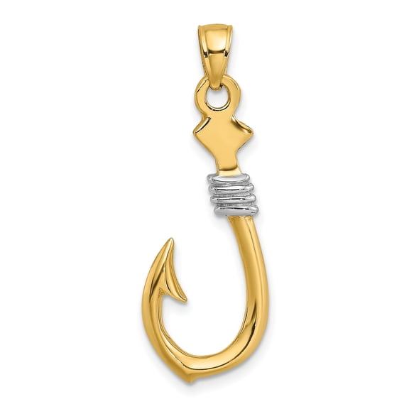 14k Yellow Gold and Rhodium Fish Hook Pendant for Men or Unisex, Nautical Rope Design, Ocean Symbol of Strength, Two Tone Coastal Marine Jewelry