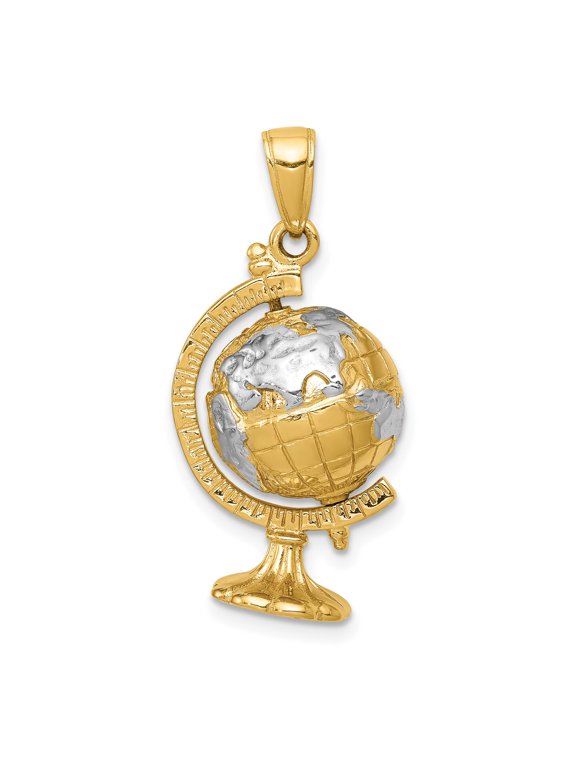 14k Yellow Gold and Rhodium Globe Pendant with World Map Design, Unisex Travel Jewelry Symbolizing Unity, Exploration, Adventure, and Culture