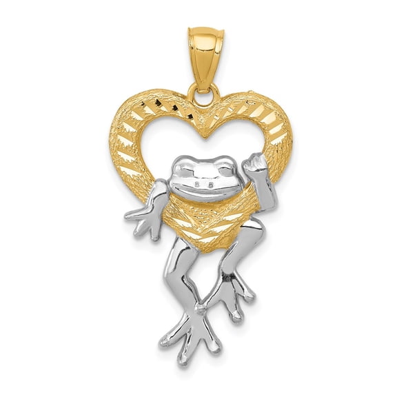 14k Yellow Gold and Rhodium Plated Diamond Cut Frog in Heart Pendant Fine Jewelry For Women Gifts For Her