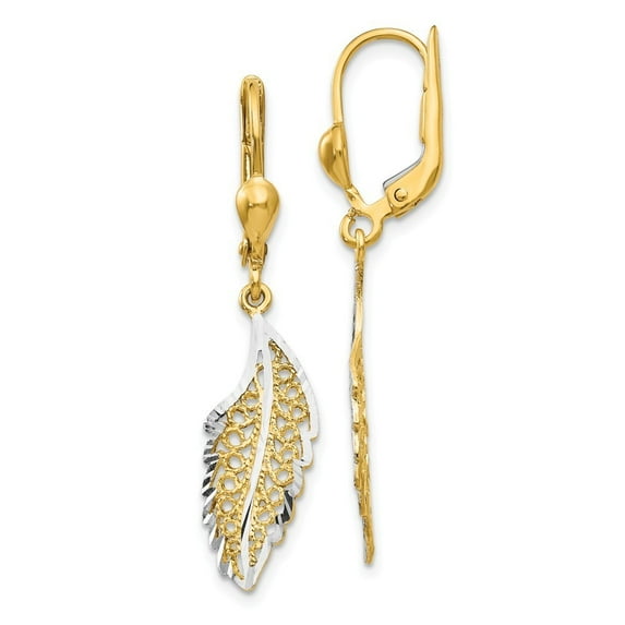 14k Yellow Gold and Rhodium Polished And Textured Leaf Leverback Earrings - Measures 37x5mm Wide