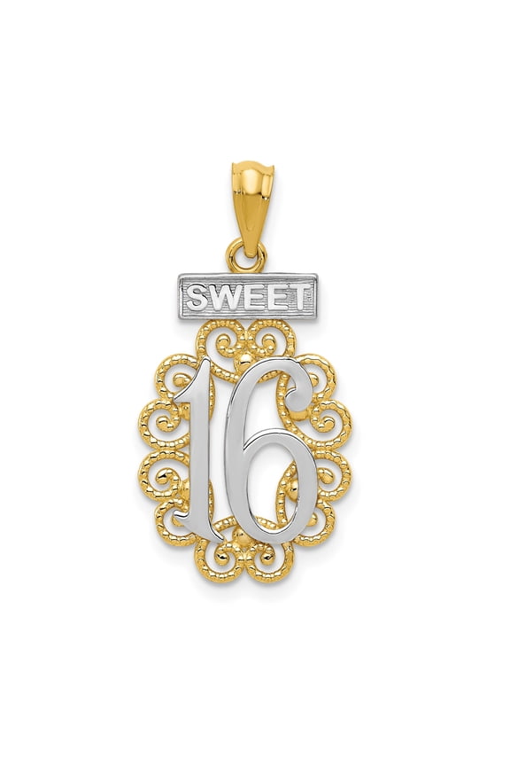 14k Yellow Gold and Rhodium Sweet 16 Pendant with Scroll Design, Oval Milestone Charm Necklace for Teens, Silver Tone Sixteen Jewelry Keepsake