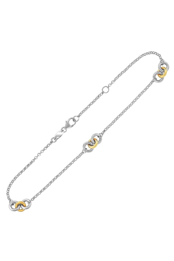 14k Yellow Gold and Sterling Silver Triple Ring Stationed Anklet 10 in