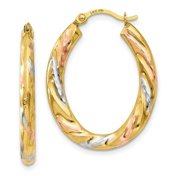 14k Yellow Gold and White And Rose Rhodium Oval Hollow Scallop Hoop Earrings - Measures 24x19mm Wide
