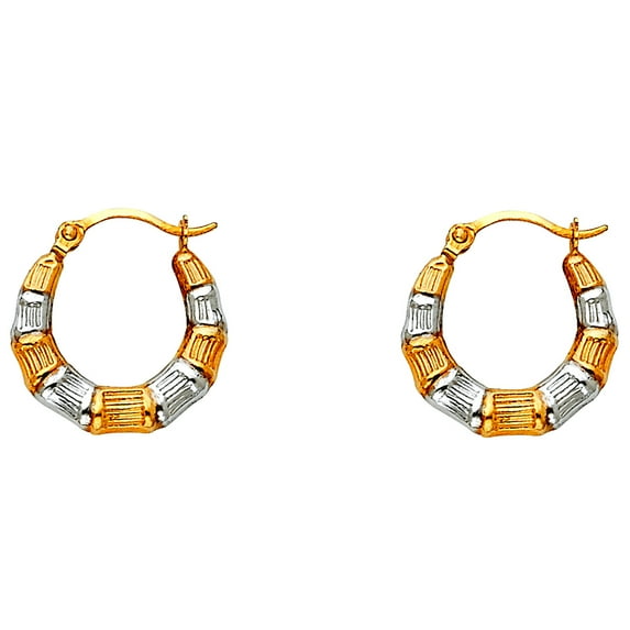 14k Yellow Gold and White Gold Fancy Hollow Hoop Earrings 15x15mm Hoop Earring for Women - .5 Grams