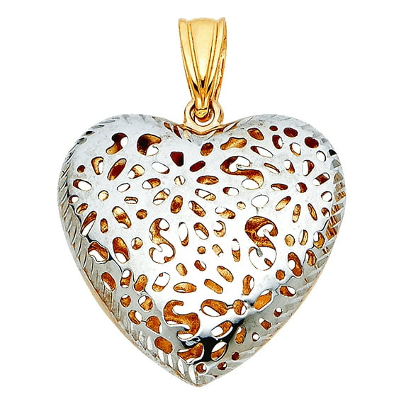 14k Yellow Gold and White Gold Flower Cut-out Love Heart Pendant Necklace 21x20mm Pendant for Women