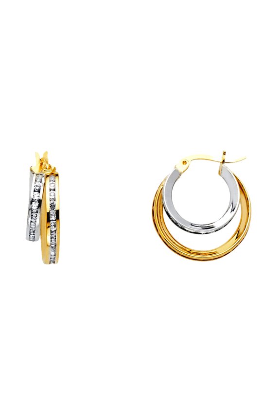 14k Yellow Gold and White Gold Round Cubic Zirconia Channel 2 Rows Hoop Earrings 15x15mm Hoop Earring for Women