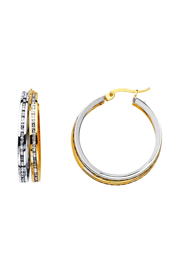 14k Yellow Gold and White Gold Round Cubic Zirconia Channel 2 Rows Hoop Earrings 20x20mm Hoop Earring for Women