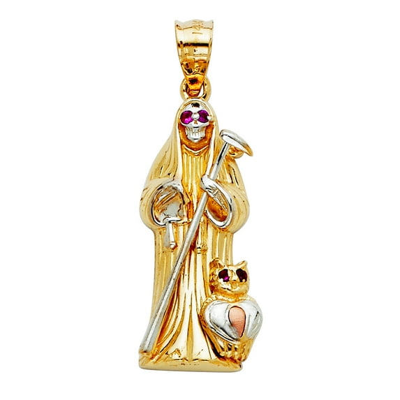 14k Yellow Gold and White Gold Santa Muerte Pendant Necklace 10x35mm Pendant for Women - 3.5 Grams