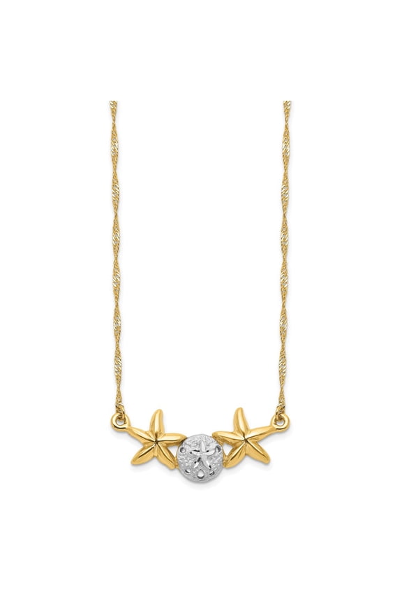 14k Yellow Gold and White Rhodium Plated Brushed and Polished Sand Dollar Starfish Necklace Fine Jewelry For Women Gifts For Her, 18"