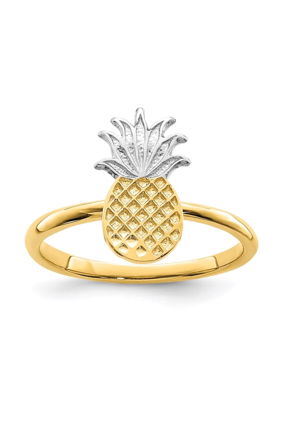 14k Yellow Gold and White Rhodium Plated Pineapple Ring Fine Jewelry For Women Gifts For Her, Size 7