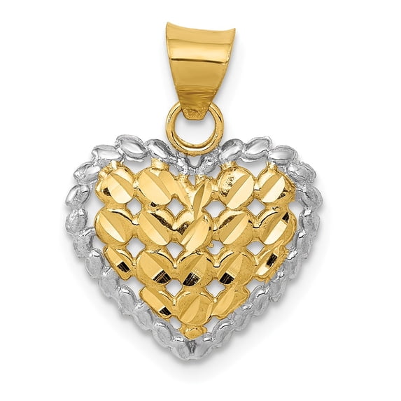 14k Yellow Gold and White Rhodium Polished D/C Heart Pendant Charm
