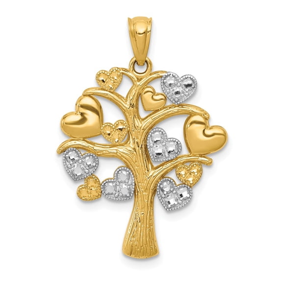 14k Yellow Gold and White Rhodium Polished Hearts Tree Pendant Charm