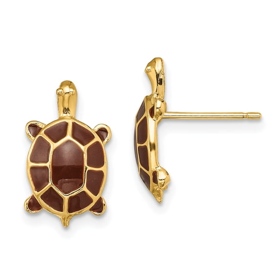 14k Yellow Gold with Brown Enamel Sea Turtle Post Earrings