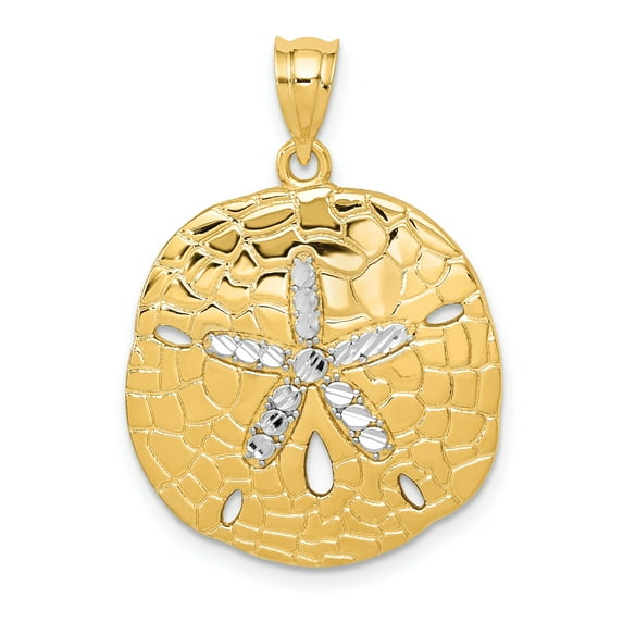 14k Yellow Gold with Rhodium Polished Diamond-cut Sand Dollar Charm Pendant