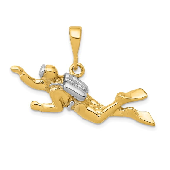 14k Yellow Gold with Rhodium Polished Open-Backed Scuba Diver Pedant Charm Pendant