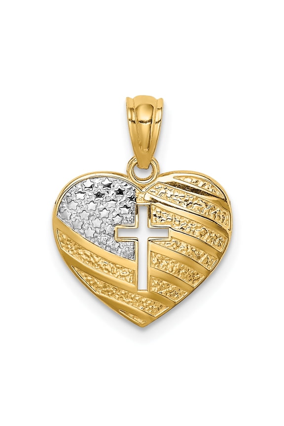 14k Yellow Gold with Rhodium Solid White Rhodium USA Flag with Cross Heart Charm Pendant