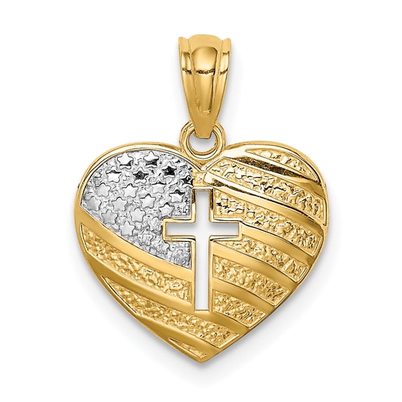14k Yellow Gold with Rhodium Solid White Rhodium USA Flag with Cross Heart Charm Pendant