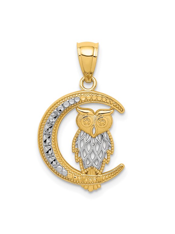 14k Yellow Gold with Rhodium Solid White Rhodiumm Diamond Cut Owl on the Moon Charm Pendant