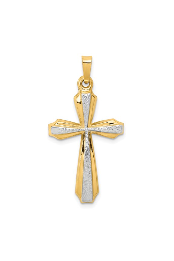 14k Yellow Gold with Rhodium Textured and Polished Passion Cross Pendant Charm