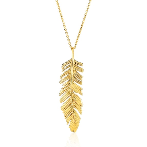 14k Yellow Gold with Textured Feather Pendant 18 in
