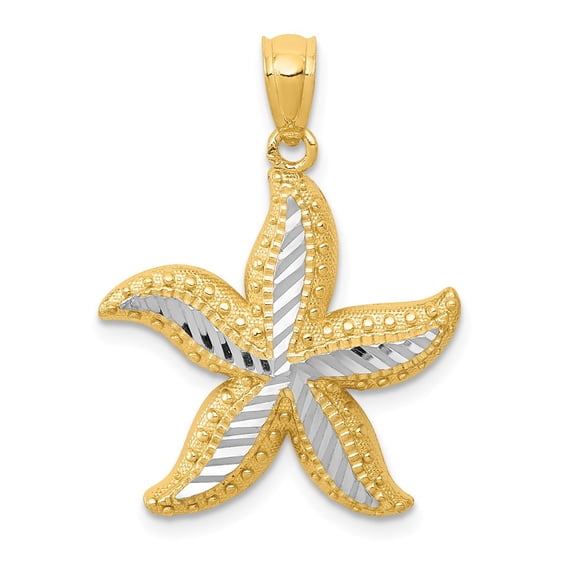 14k Yellow Gold with White Rhodium Diamond-cut Starfish Pendant Charm
