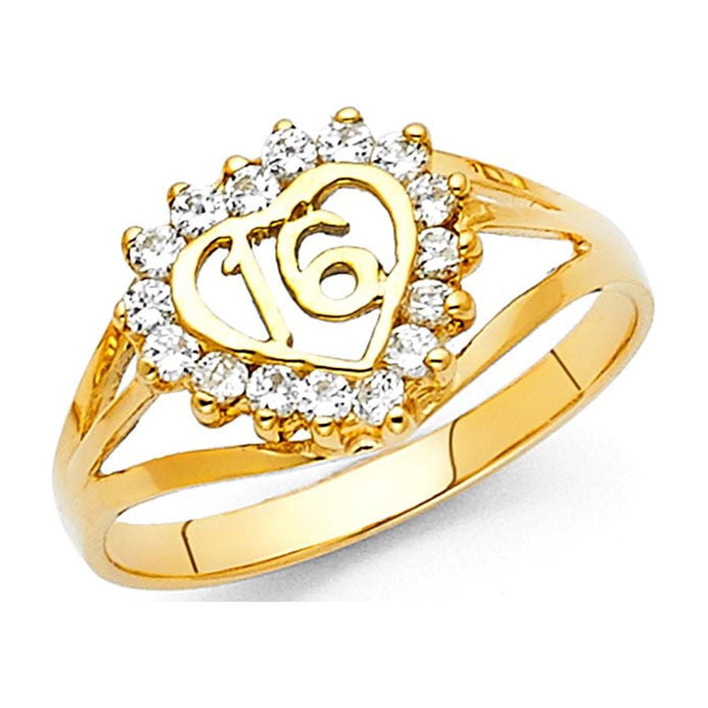 14k Yellow Italian Gold CZ Surrounded Dieciseis Sweet 16 Heart Ring 10mm