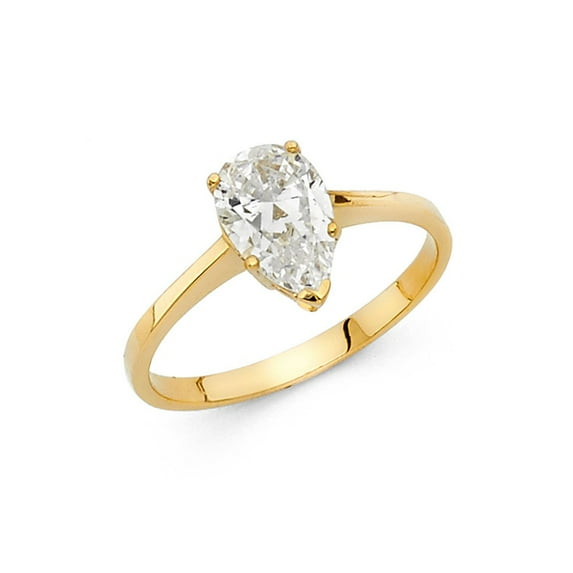14k Yellow Italian Gold Pear 1.0 ct CZ Width Shank Soliatre Engagement Ring