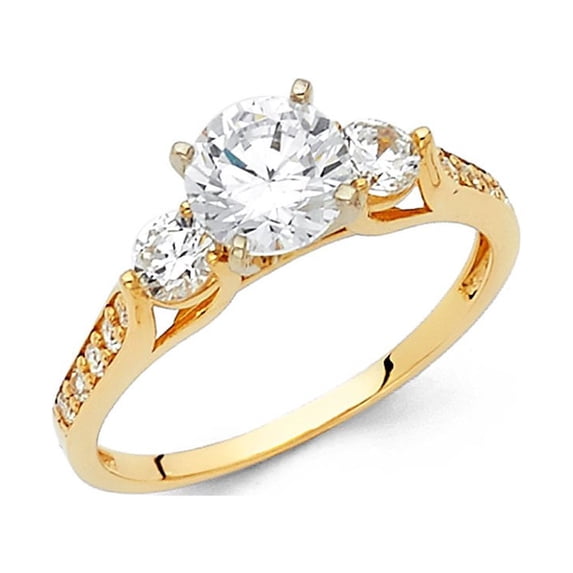 14k Yellow Italian Gold Round 1.30 ct CZ 3 Stones Engagement Ring