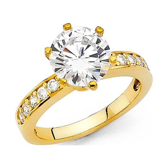 14k Yellow Italian Gold Round CZ Solitaire with Accent Wedding Ring