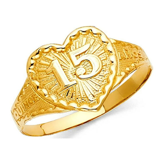 14k Yellow Italian Gold Shinny Heart Quinceañera 15 Años Ring 12mm