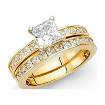 14k Yellow Italian Solid Gold 1.55 ct CZ Princess Cut Wedding Ring Duo Set