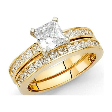 14k Yellow Italian Solid Gold 1.55 ct CZ Princess Cut Wedding Ring Duo Set