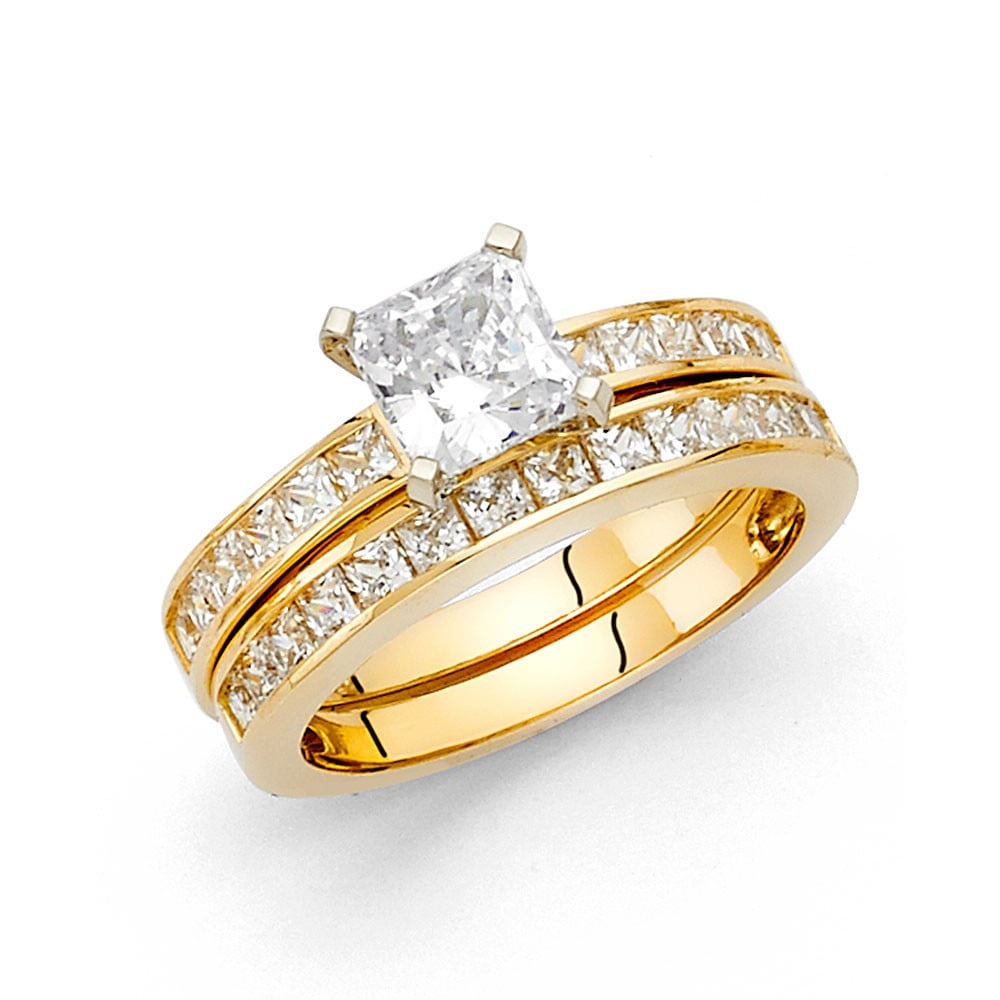 14k Yellow Italian Solid Gold 1.55 ct CZ Princess Cut Wedding Ring Duo ...