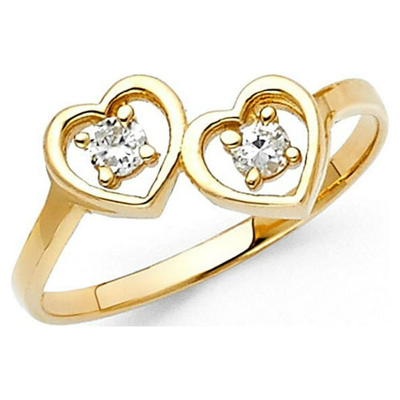 14k Yellow Italian Solid Gold CZ Double Heart Prong Set Ring 10mm