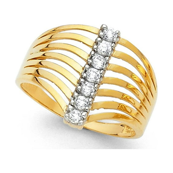 14k Yellow Italian Solid Gold Round CZ Semanario 7 Rows Ring 15mm