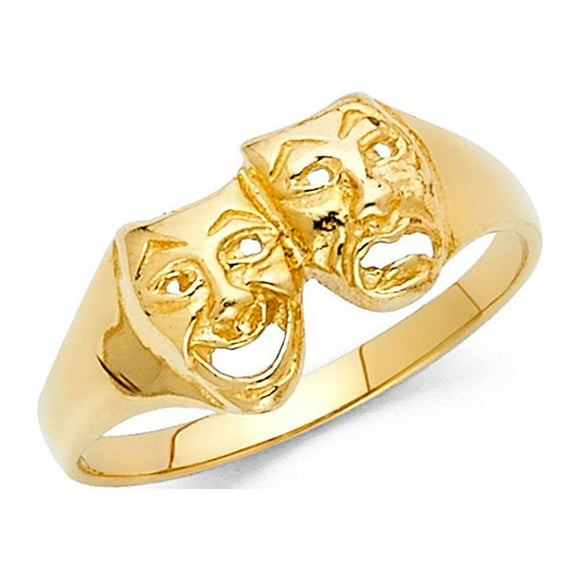 14k Yellow Italian Solid Gold Theater Drama & Comedy Faces Ring 10mm