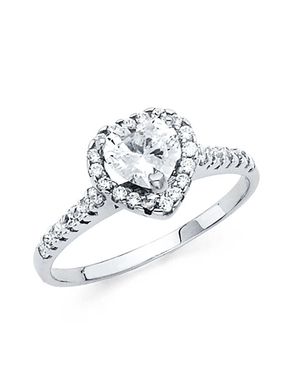14k Yellow OR White Gold Heart CZ Halo Engagement Ring Anniversary Solitaire Heart Band CZ Side Stones