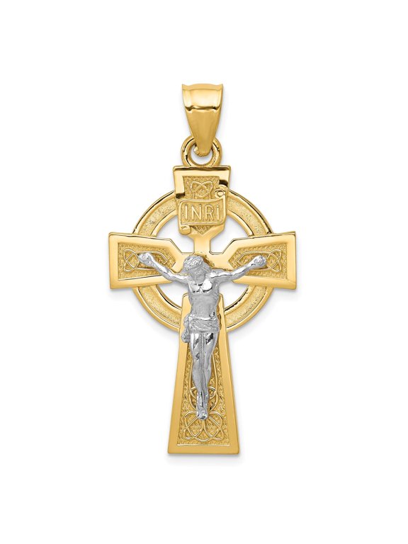 14k Yellow Real Gold Crucifix Cross Pendant Necklace for Men and Women with Halo Design Latin Catholic Religious Jesus Figure Symbol Faith Jewelry Celtic Style