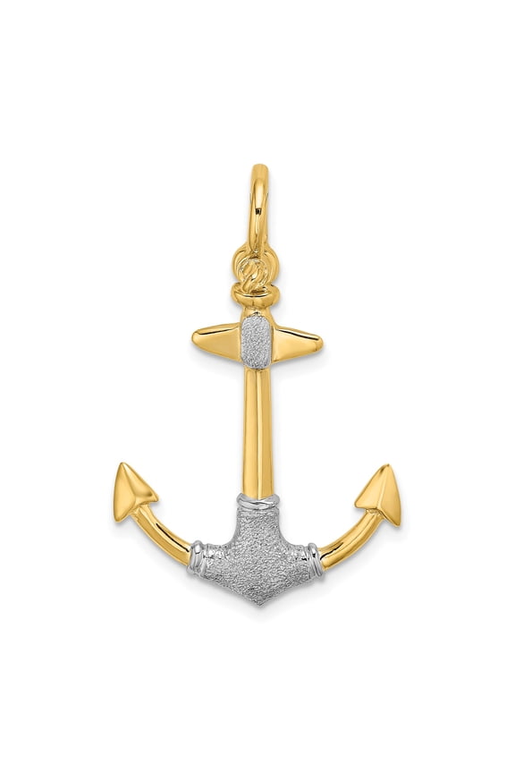 14k Yellow and Rhodium Anchor Pendant for Men or Unisex, Nautical Maritime Design, Christian Symbol of Strength, Faith and Hope, Smooth and Textured Two-Tone Jewelry Charm