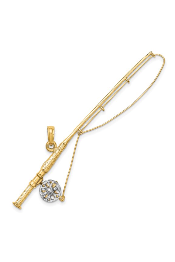 14K Yellow Gold & White Rhodium 3-D Fly Rod Fishing Pole Charm, Polished