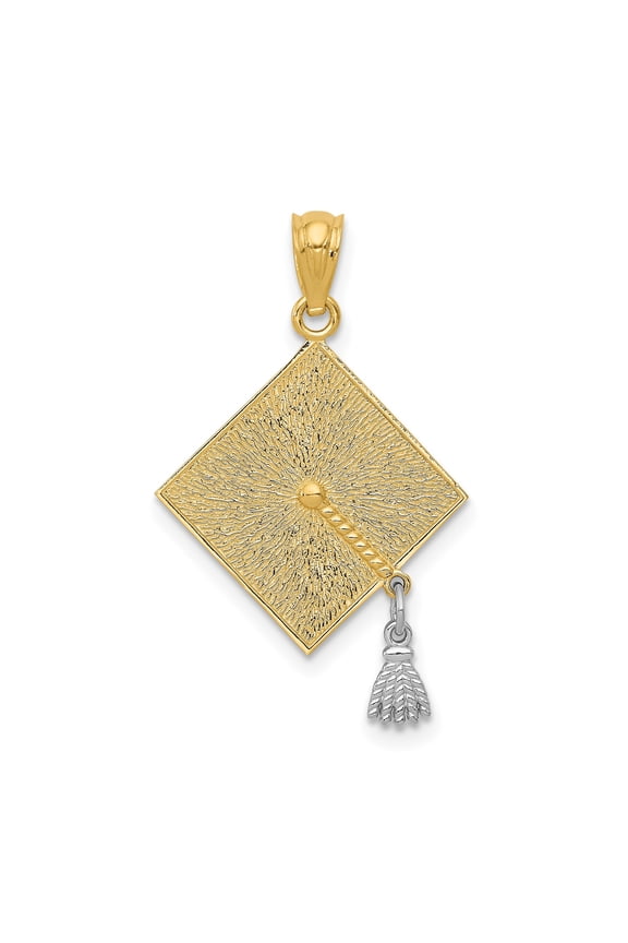 14k Yellow and Rhodium Gold Graduation Cap Pendant with Polished Tassel, Textured Dual Tone Design for Men and Women, Symbol of Success and Academic Achievement